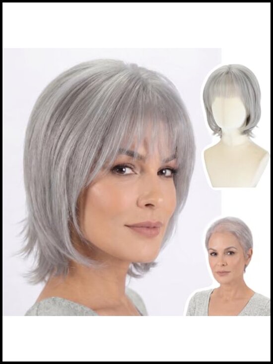 Short 12 Inch Straight Synthetic Wig with Bangs, Heat-Resistant, Glueless